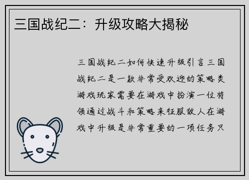 三国战纪二：升级攻略大揭秘
